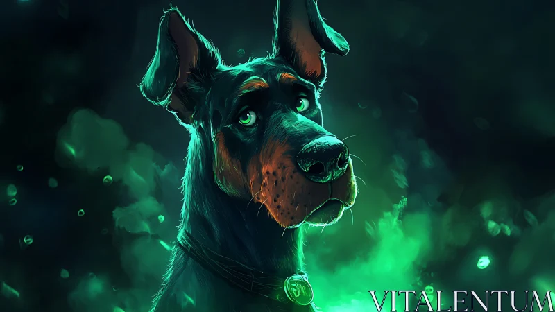 Luminous Doberman portrait glows in eerie emerald mist