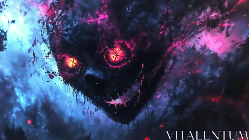 Eerie cosmic skull smiling through neon storm clouds.