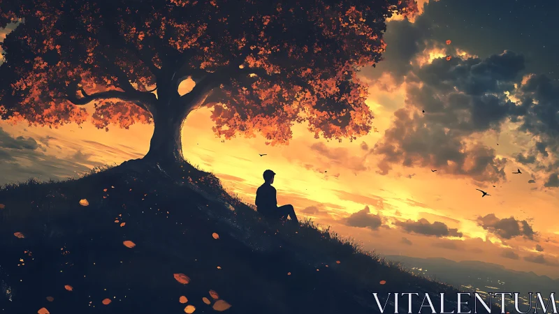 Solitary silhouette under ember-lit sunset tree on hilltop.