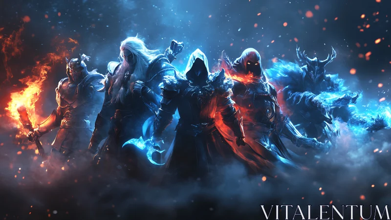 Elemental fantasy warriors clash amid blue and orange firestorm