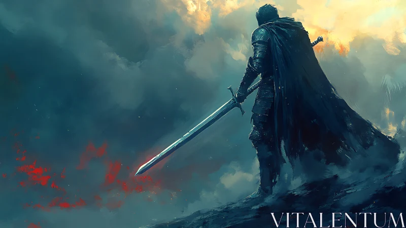 Armored lone knight with greatsword in storm-lit battlefield