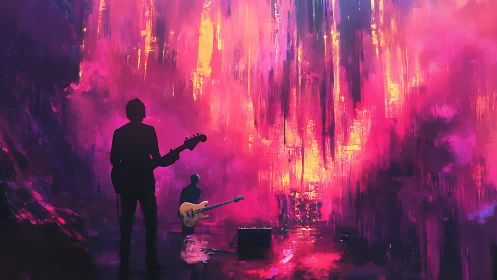 Silhouetted musicians stand before vertical neon backdrop