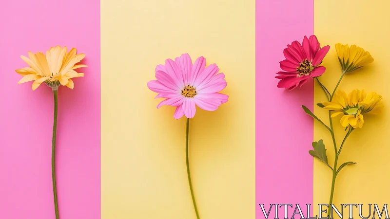 Colorful Gerbera Daisies on Geometric Split Background.