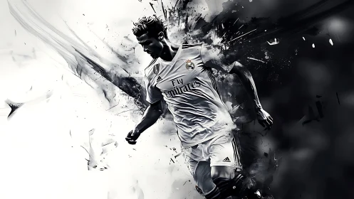 Monochrome digital rendering shows soccer player mid-stride