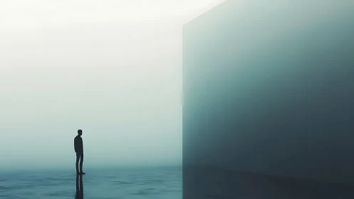 Quiet figure meets a mysterious monolithic wall in fog.