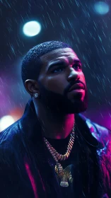 Male subject under neon rain lighting is captured in profile