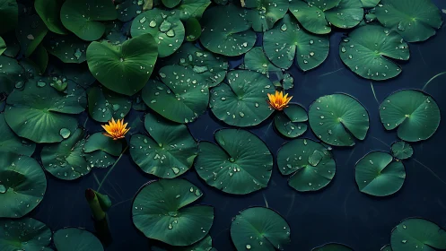Twin amber lotuses among deep emerald lily pads at dusk.