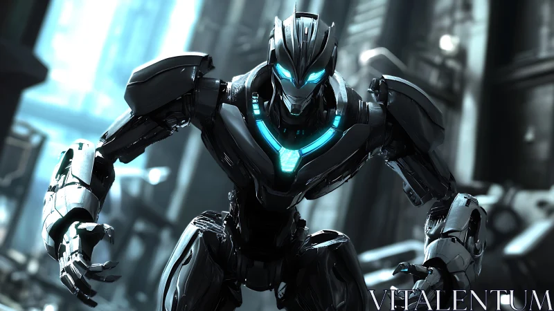 Cybernetic combat unit in neon teal urban stronghold.