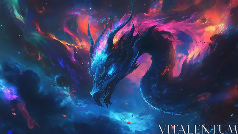 Celestial neon dragon coils through a blazing cosmic storm