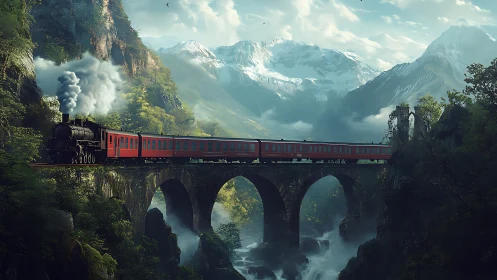 Red steam train crossing stone viaduct in misty mountains.
