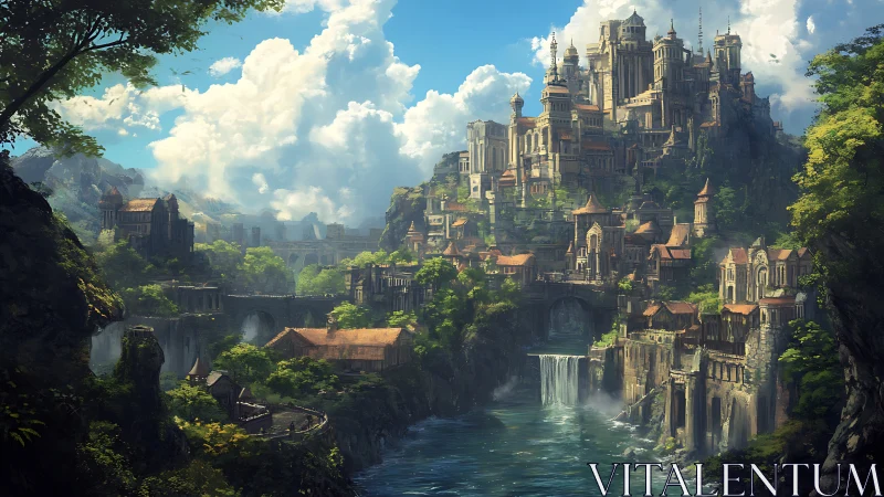 Vertical fantasy citadel dominates river canyon in luminous daylight