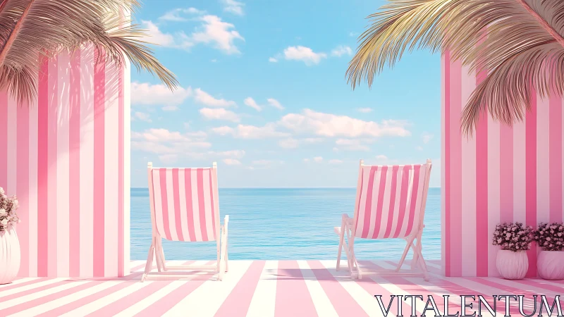 Pink striped deck chairs face calm ocean under clear sky