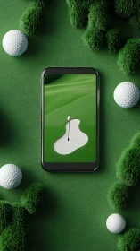 Digital golf course mockup with smartphone product focus.