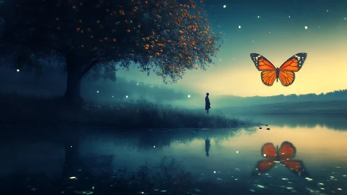 Nocturnal lakeside vista with giant monarch butterfly reflection