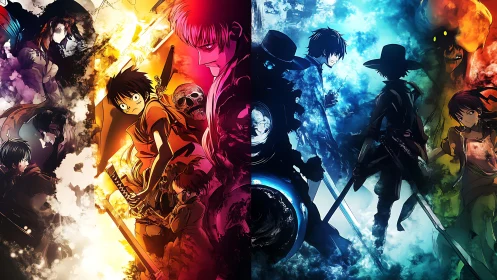 Split-screen anime warriors in fiery and icy contrast.
