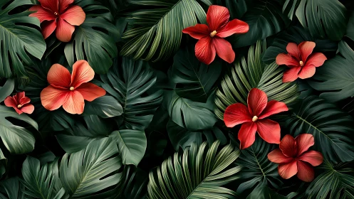 Crimson Blooms Dance Through Emerald Leaves.