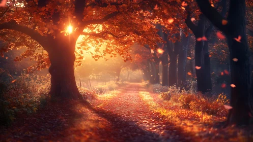 Autumn forest path with low sun and dense orange foliage.