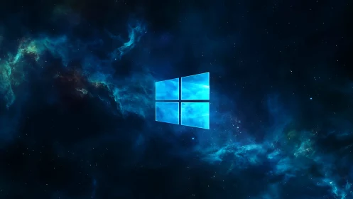 Glowing window logo drifting gently in deep cosmic space.