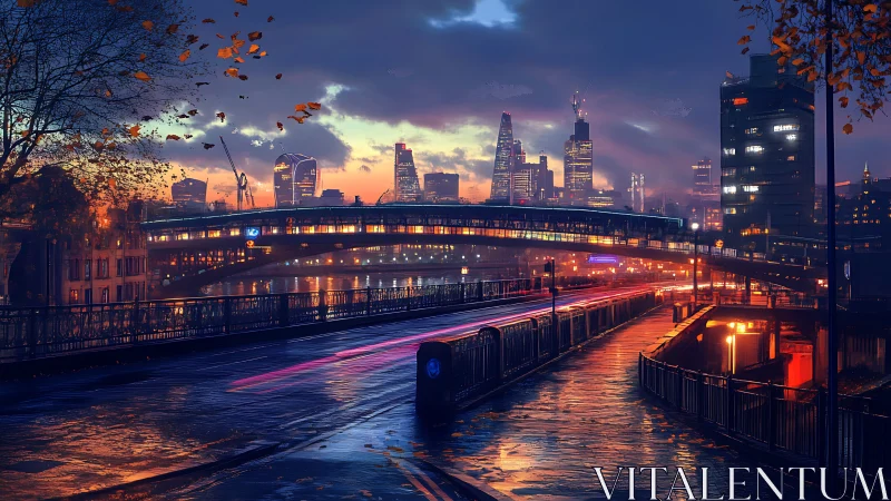 City lights glow over a rain swept bridge at dusk