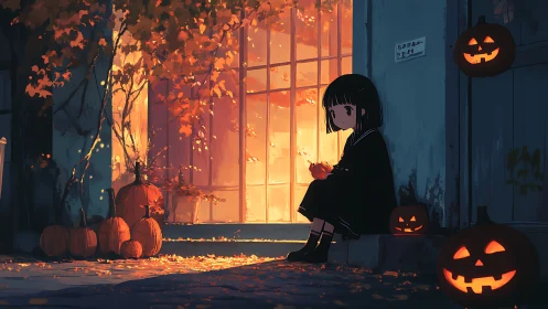 Girl on doorstep with pumpkins and lanterns at dusk.