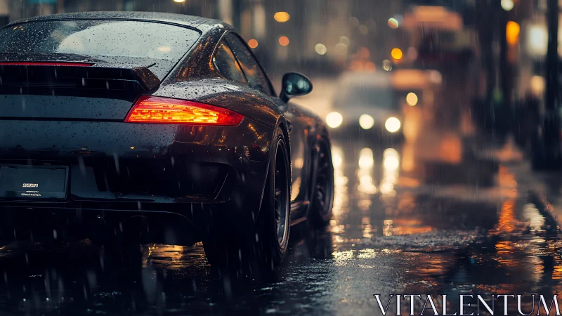 Sleek sports car glows through rainy neon city streets