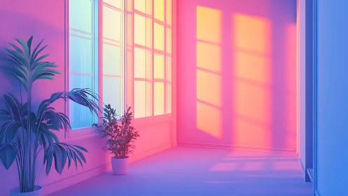 Neon gradient interior with window light and stylized plants.