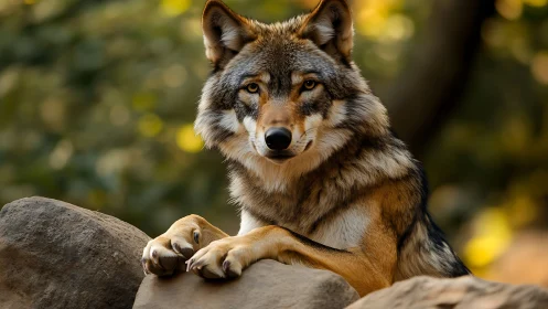 Calm wolf resting on rocks in soft forest sunlight.