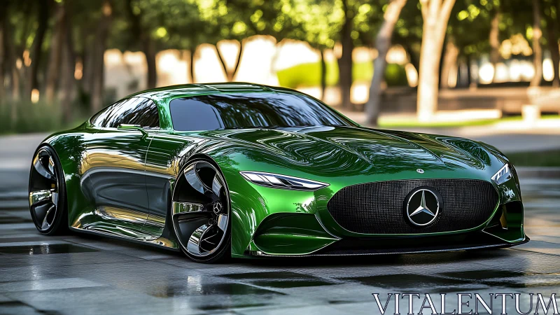 Sleek emerald Mercedes concept car glowing with city style.