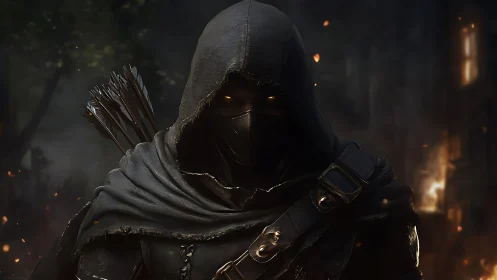 Hooded archer figure in dark forest with glowing eyes.