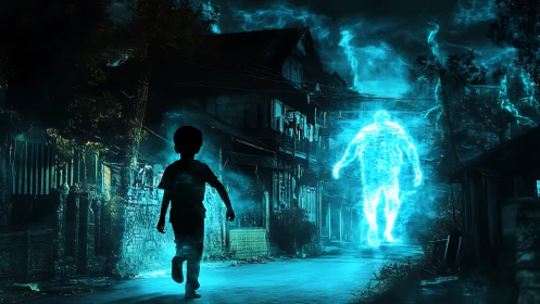 Mysterious glowing figure gently meets a curious child at night
