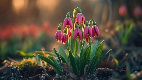 Delicate Purple Snakeshead Fritillaries Bloom in Morning Light.