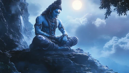 Divine blue figure meditates calmly under a luminous moonlit sky