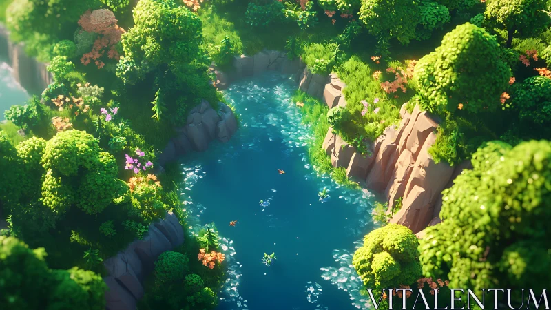 Aerial stylized river canyon with lush low poly vegetation.