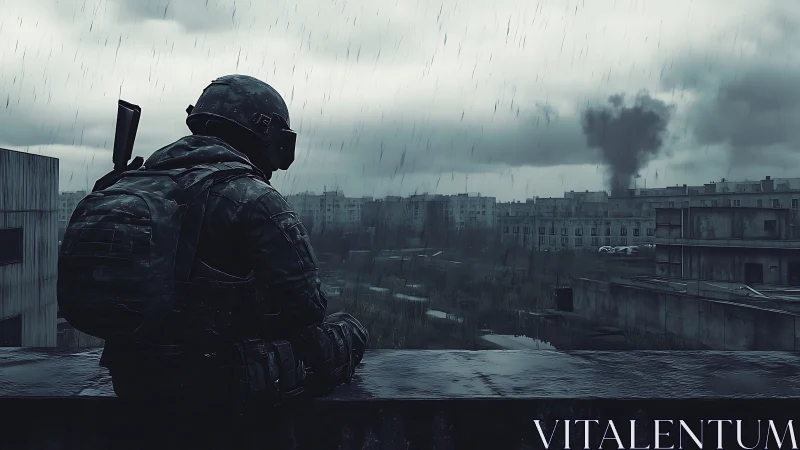 Soldier on rooftop watching distant explosion in rain.