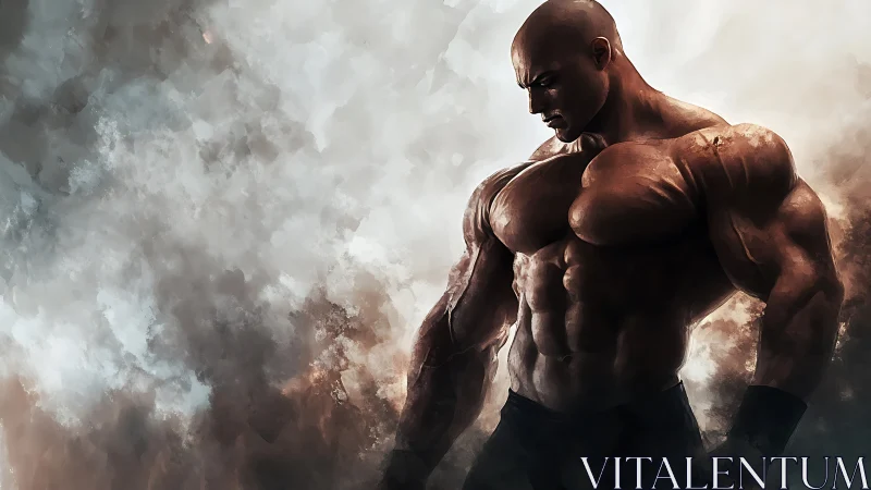 Muscular male figure stands shirtless against cloudy backdrop