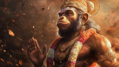 Divine simian deity in regal garlands under glowing petals.