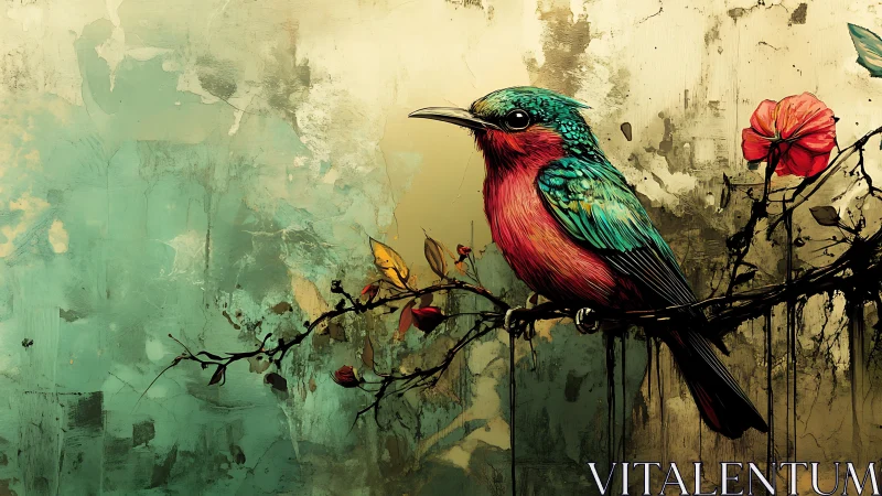 Painted songbird perches between teal storms and gold calm