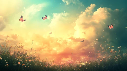 Soft golden sky welcomes gentle butterflies over wildflowers