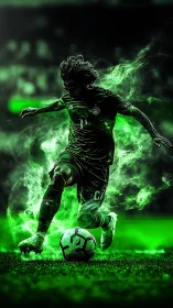 Digital painting of neon green soccer striker in motion trail glow.