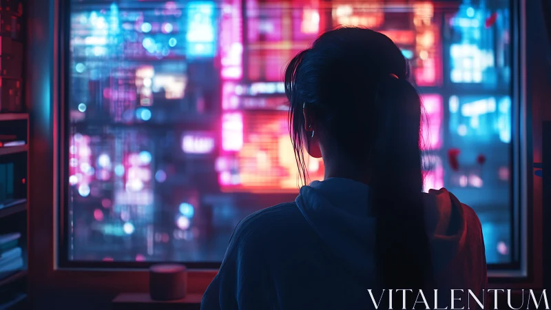 Coder in neon-lit room facing abstract digital cityscape.