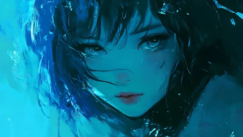 Blue tides cradle a quiet girl painted from liquid light