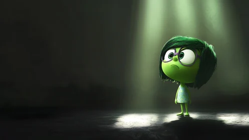 Green cartoon character stands alone under focused spotlight