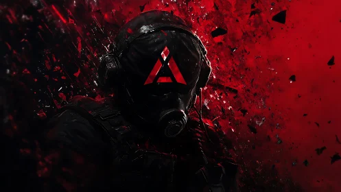 Tactical operator in gas mask amid red fragmented backdrop.