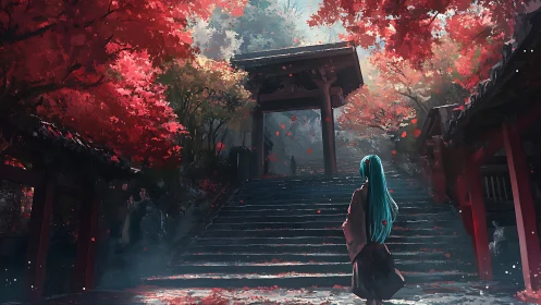 Crimson temple steps welcome a lone girl into autumn light