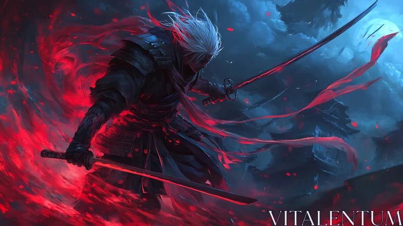 Vengeful samurai unleashes crimson energy in a stormy night