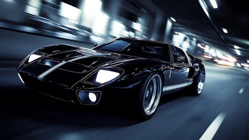 Midnight sports car surges through a glowing city tunnel