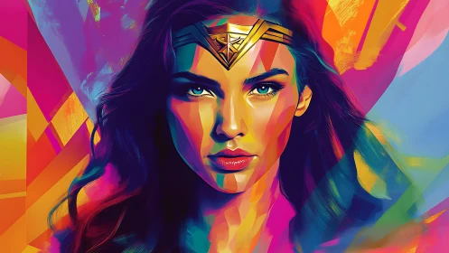Neon heroine portrait radiates bold geometric intensity.