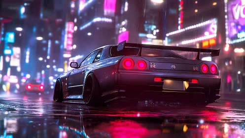 Neon-lit tuner car idles in cyberpunk rain-soaked streetscape