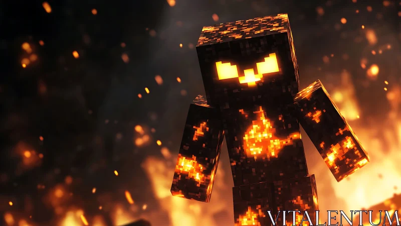 Lava-lit pixel monster strides through a blazing inferno.
