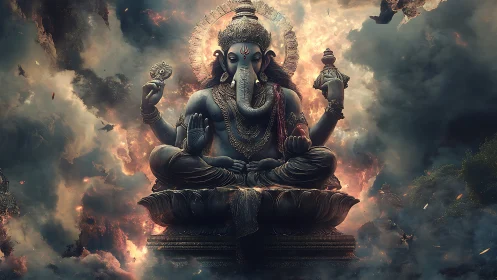 Digital depiction of Ganesha seated amid storm clouds.